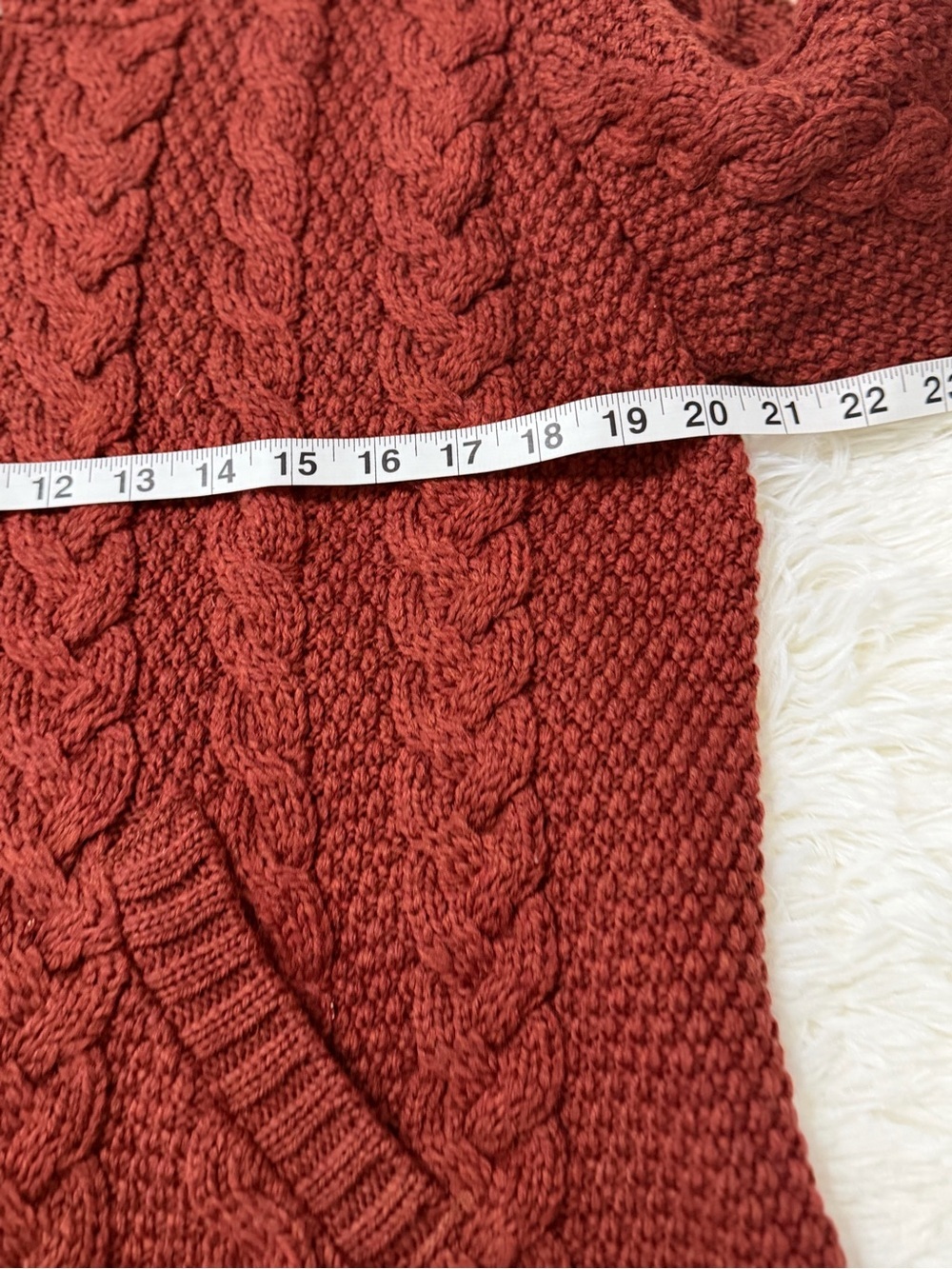 Aran Merino Wool Cable Knit Hooded Zip Cardigan – Rust Red, Size Medium - Picture 10 of 14
